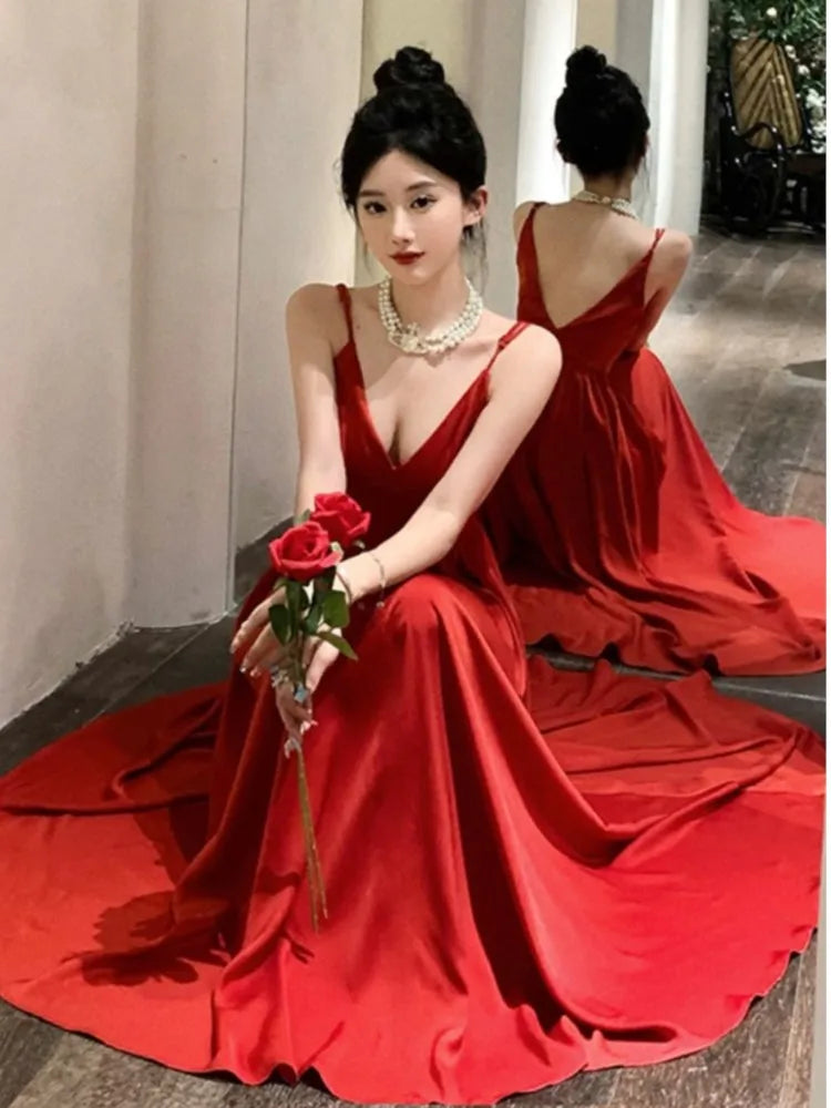 Vestido de fiesta de noche sexy con tirantes finos, escote en V, corte en A, liso, vintage, largo, para mujer, boda, graduación, bata de una pieza