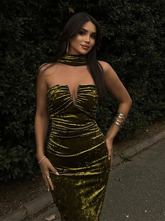 Elegant Halter Velvet Midi Dresses Women Backless Pleated Zipper Green Party Dress Female 2025 Spring Summer Lady Slim Fit Robes