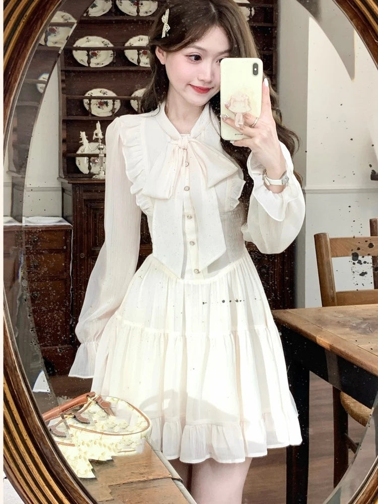 Elegante vestido corto de gasa para mujer, con mangas acampanadas y volantes, corte A, para fiesta de cumpleaños, moda coreana, vestido de una pieza, nuevo