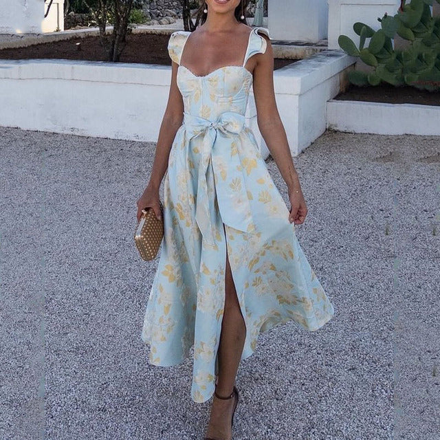 Vestidos largos sin mangas con estampado de flores para mujer, sexys, de corte bajo, sin espalda, con lazo, con abertura y temperamento, novedad de 2025