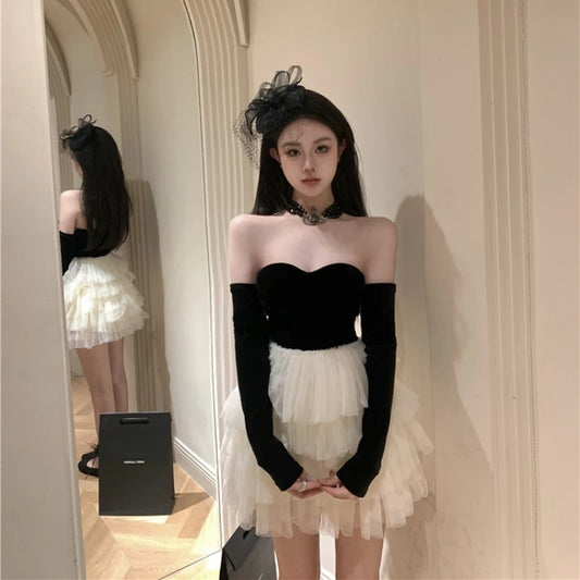Women 2025 New Evening Party Prom Mini Strapless Dresses Lace Patchwork Fashion Y2K Vestidos Mujer