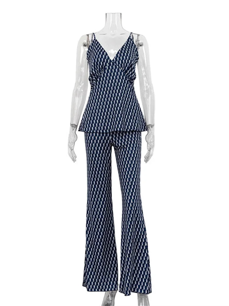 Conjunto de dos piezas con pantalones estampados de moda para mujer, jersey ajustado con cuello en V en contraste y pantalones de pierna ancha, ropa informal.