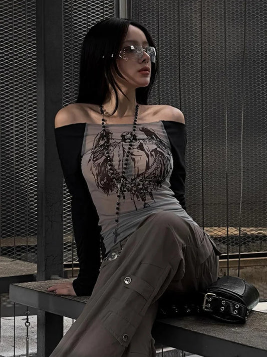 Camisetas estampadas con personajes de malla de punto a la moda, camisetas casuales de una pieza con escote de manga larga para mujer, ropa transparente Y2k