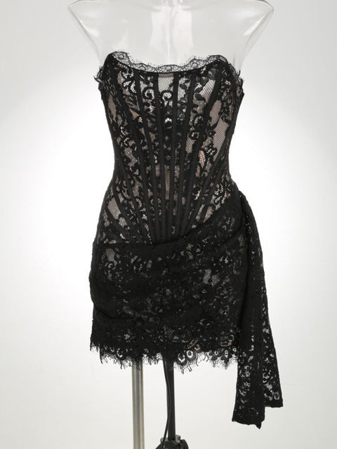 Elegant Lace Strapless Sexy Mini Dress For Women Fashion Off-shoulder Irregular Ruched Bodycon Night Club Party Dress