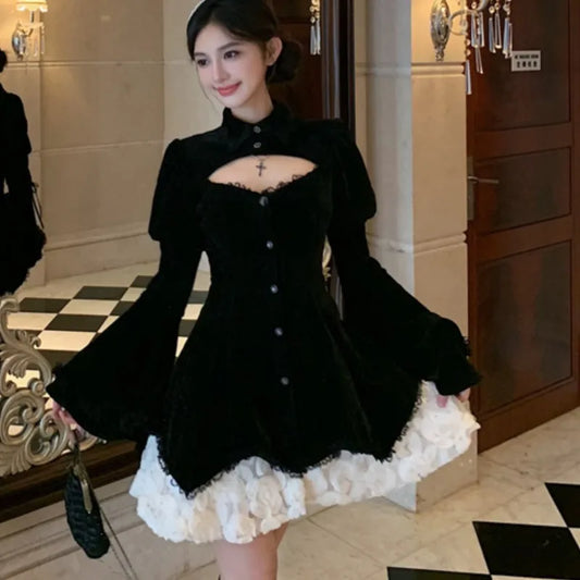 Minivestidos negros góticos Y2K para mujer, con mangas acampanadas, cuello redondo, volantes ahuecados, patchwork, corte en A, vestido de fiesta coreano chic de otoño, nuevo