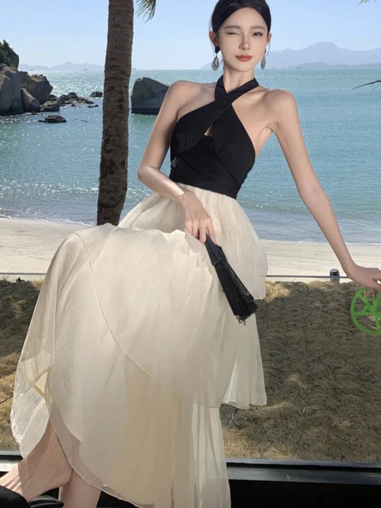 Elegante vestido de fiesta de noche con volantes y retazos para mujer, sin mangas, con cuello halter y espalda descubierta, corte en A, de una pieza