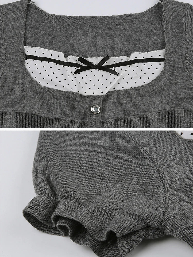 Camiseta elegante para mujer, con retazos de encaje, cuello cuadrado, de punto, dobladillo con volantes, Y2K, color gris