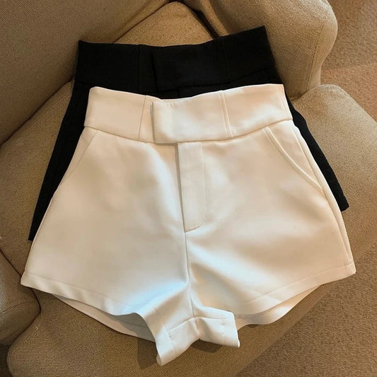 Pantalones cortos negros Y2K para mujer, elegantes, de cintura alta, blancos, de corte A y pierna ancha, sexys, ajustados para discoteca, novedad
