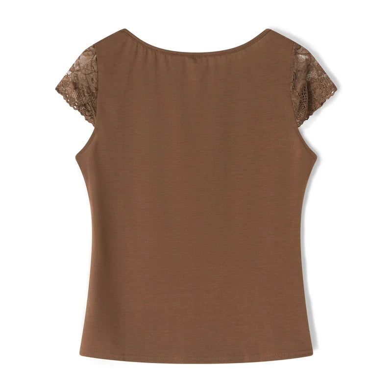Tops cortos de encaje marrón con estética vintage para mujer, camiseta de manga corta con cuello en V, ropa grunge de hadas Y2K, ropa urbana de los años 2000