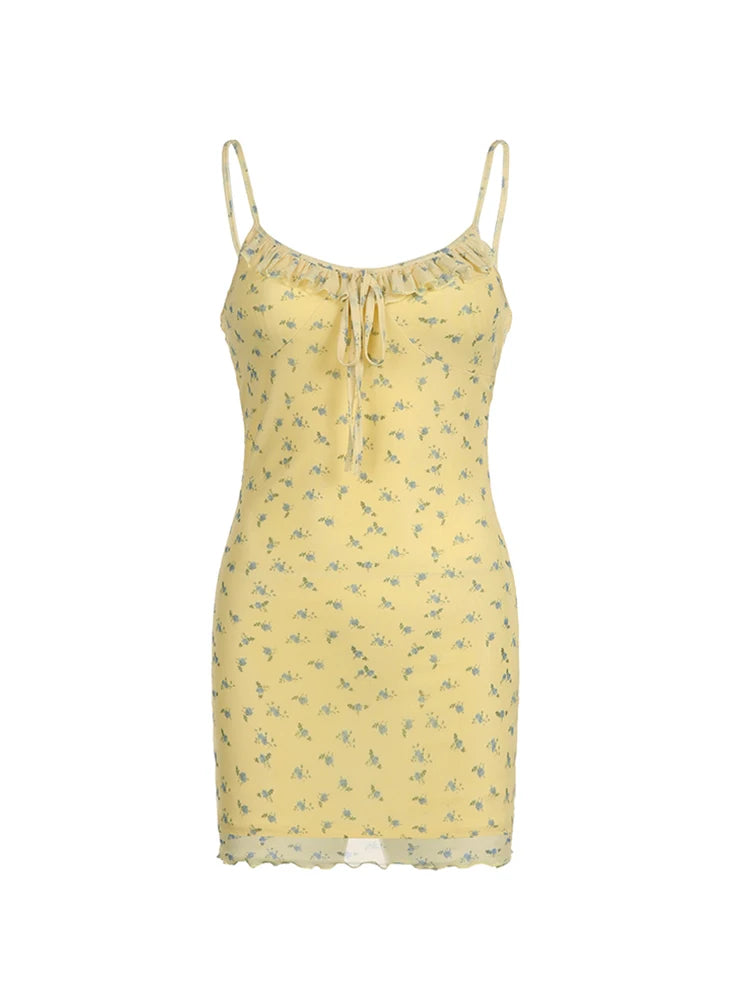 Vestido de verano Y2K con volantes, estampado floral y lazo, sin mangas, de malla de dos capas y tirantes finos para mujer