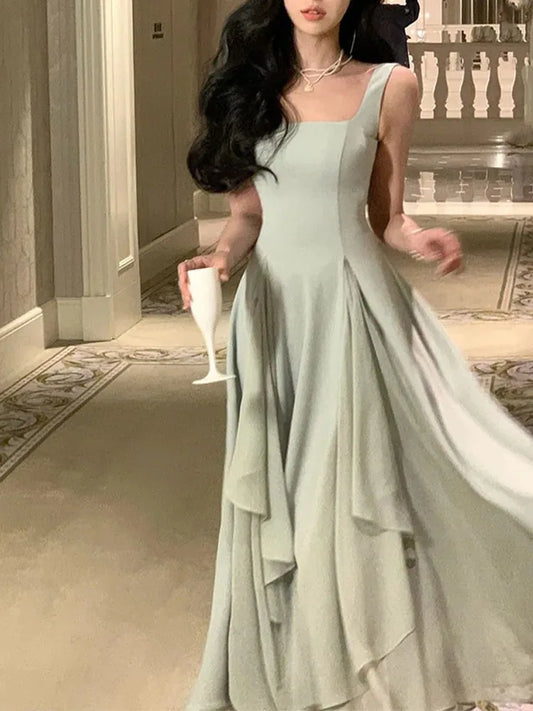 Vestidos elegantes para mujer, vestido de fiesta de noche con volantes, sin mangas, cuello cuadrado, línea A, liso, nuevo vestido de fiesta de verano, vestido coreano