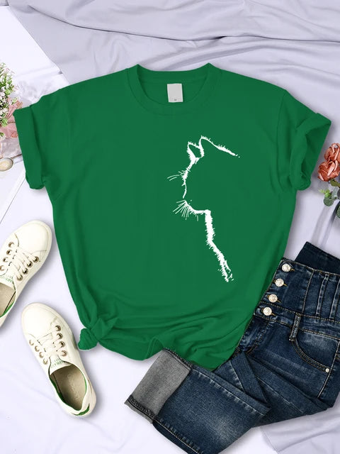 Camiseta con estampado divertido de gato para mujer, estilo casual, de manga corta y cuello redondo, con personalidad, ropa urbana, tops de verano