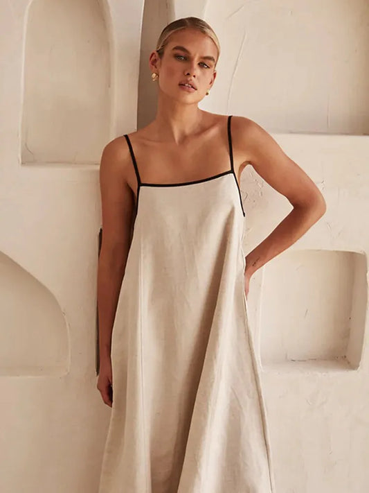 Solid Cotton Linen Sling Dress Women 2025 Summer Sexy Backless Sleeveless Slip Long Dresses Lady Elegant Loose Chic Maxi Dress