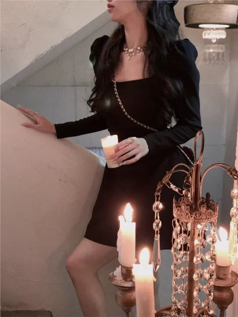 Vestidos de fiesta elegantes de primavera con cuello cuadrado y manga larga para mujer, ajustados, negros y blancos, de cintura alta