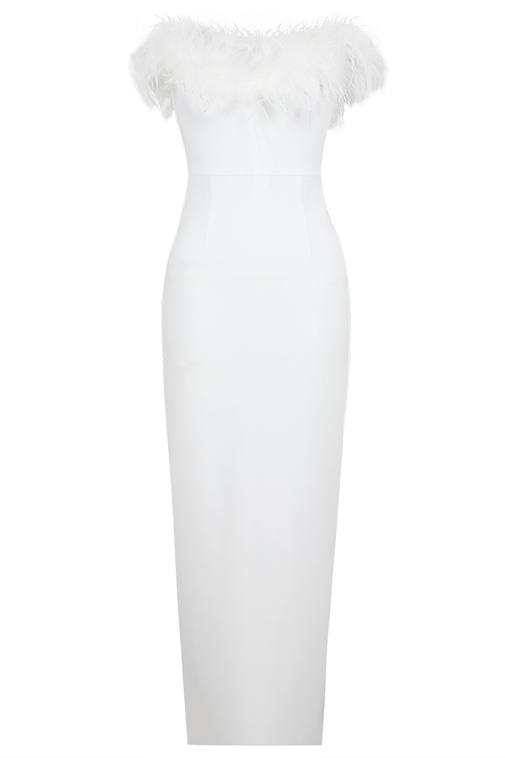 Vestido largo sin tirantes con ribete de plumas Verónica