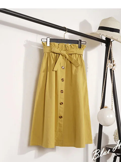 Faldas de verano y otoño para mujer, faldas plisadas hasta la rodilla, estilo coreano, elegantes, de cintura alta y botones, para la escuela, 2025