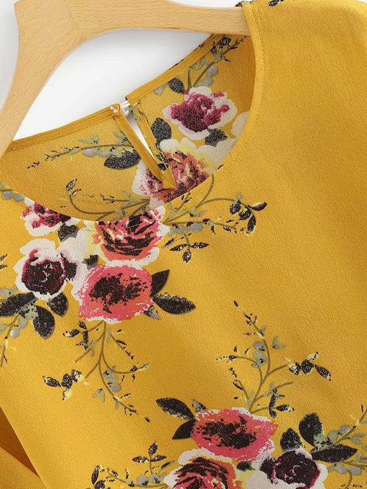 Blusa con estampado floral de verano para mujer, camiseta de cuello redondo, camisa de manga corta para mujer, blusas femeninas, ropa