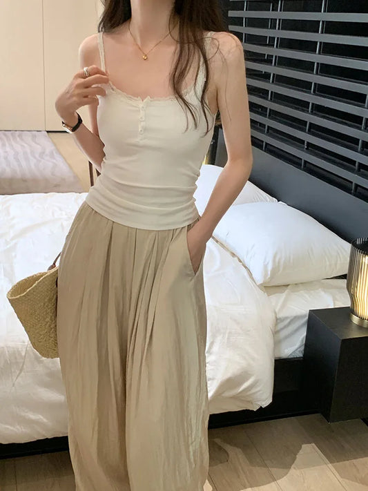 Summer New Sexy Lace Women’s Camis Solid Color Slim Sweet Camis Woman White Grey Black Purple Pink Sleeveless Top Female