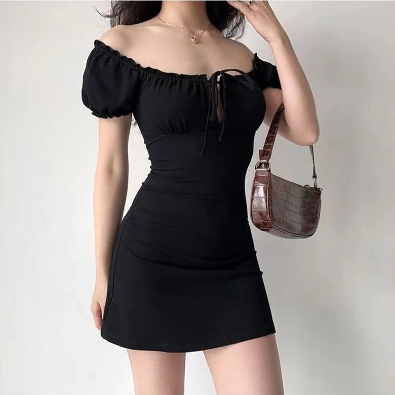 Vestido mini sexy de verano para mujer, de manga corta, con cordones, informal, sin espalda, con pliegues, ajustado, negro, elegante, para fiesta, corte A