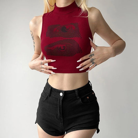 Camiseta sin mangas de verano para mujer, ropa Y2k, top corto de moda, cuello alto, estampado rojo, sin mangas, ropa de calle sexy, tops cortos para niña
