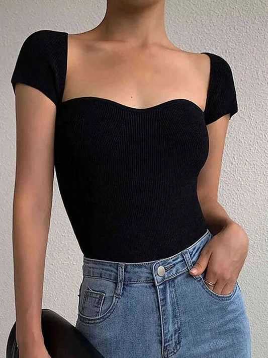 Summer Women’s T-shirt Korean Style Slim Knitting Tee Tops Solid Color Short Sleeve Sexy T-shirt Female