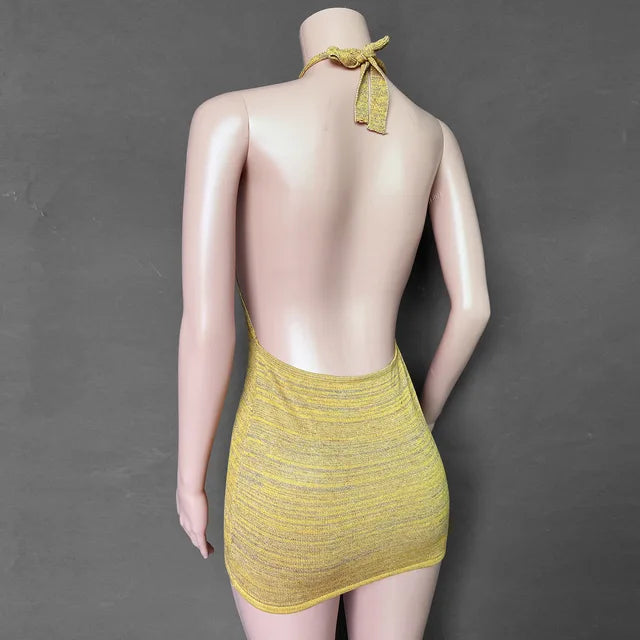 2025 Summer Dress For Women Knitting Halter Sleeveless Bodycon Mini Dresses Y2K Sexy Backless Boho Beach Dress Short