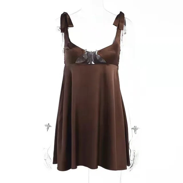 Bandage Satin Dress Women Party Sexy Backless Sleeveless Loose Dresses Ladies Hollow Out Casual Mini Dress Woman 2025 New