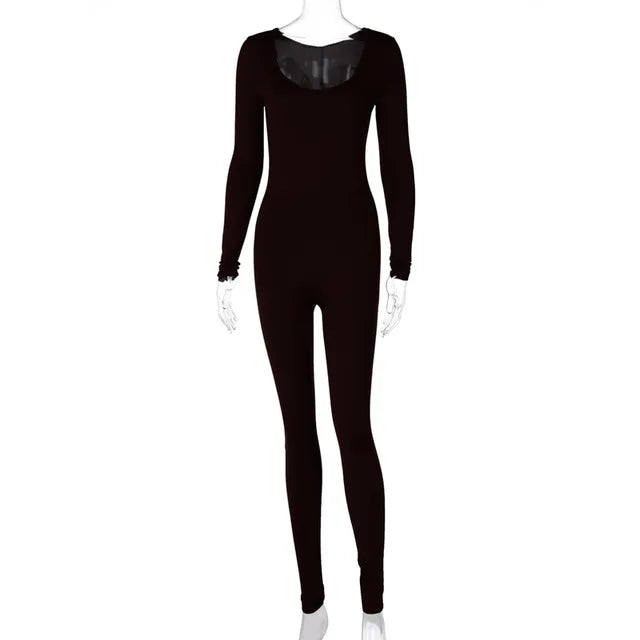 Mono negro de mujer de primavera, de manga larga, con cuello en V, ajustado, de una pieza, elástico, para fitness, mono sexy