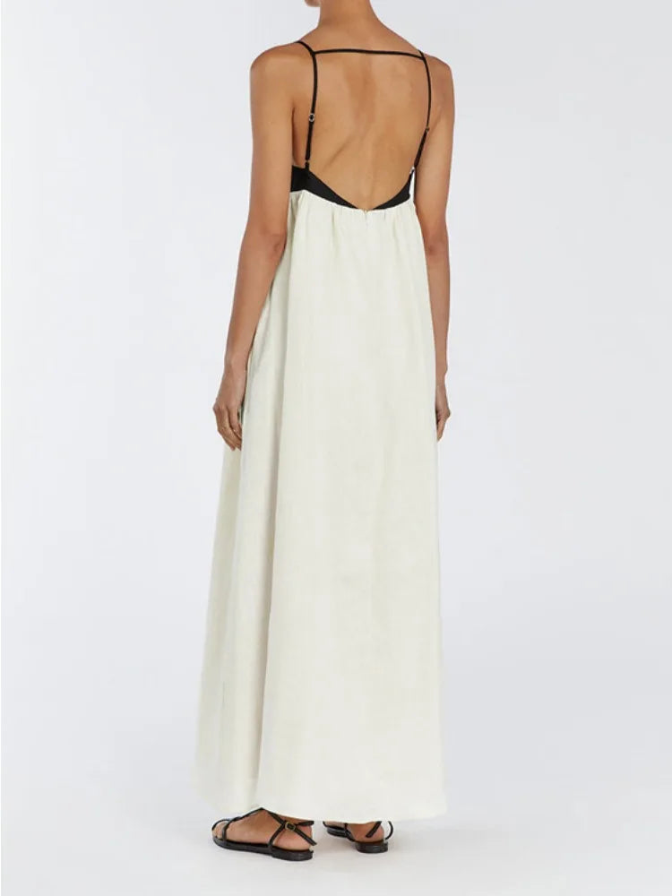 Contrast Color Suspender Dress Women’s Fashion Sexy Backless Long Ball Gown Dress Sleeveless Loose Female Holiday Clothes