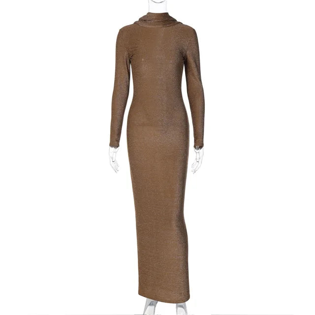 Elegant Backless Dress Women Bodycon Long Sleeve Y2k Bright Silk Sexy Dresses Womens Party Temperament Dress Ladies 2025