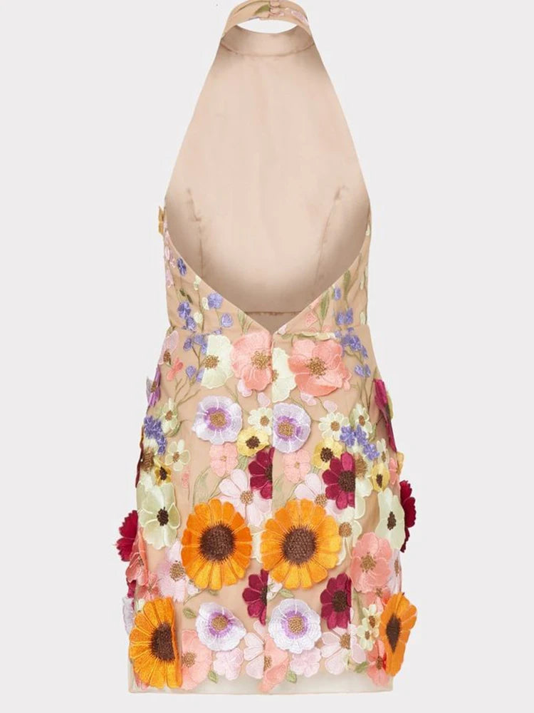 Embroidery 3D Flower Bodycon Dress For Women Summer Sleeveless Backless Mini Dresses Temperament Slim Vestidos De Mujer