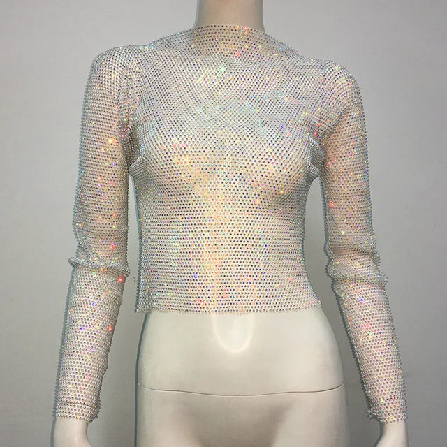 Tops brillantes para fiesta de noche en club para mujer, conjuntos de top corto con diamantes, accesorios Y2K, tops de red con purpurina y agujeros