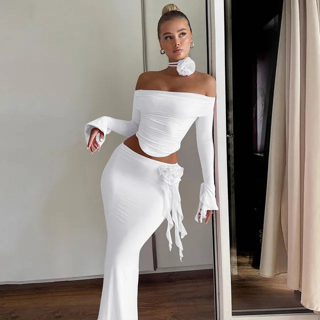 Flower Bodycon Skirt Sets Women Slim Sexy Backless Lace Up Tops Women’s Party Elegant Dress 2 Piece Womens Suits Outfits