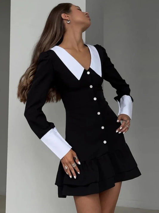 Vestido de noche de cintura alta para mujer, estilo retro, con empalme, manga larga, cuello vuelto, pliegues, minivestido para mujer, vestidos de fiesta y boda para mujer
