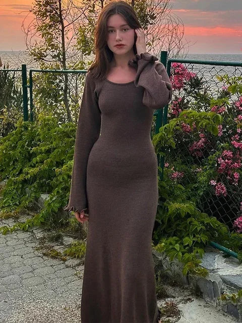 Vestido largo de punto sin espalda para mujer, con volantes, cordones y cintura alta, elegante, estilo vendaje, para fiesta
