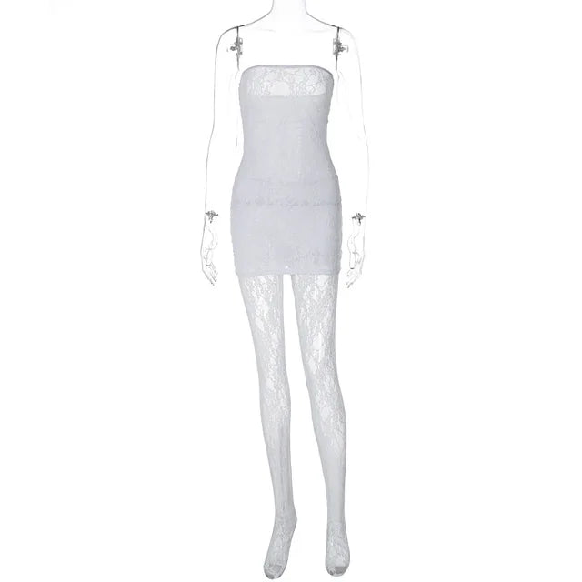 Lace Tights Women’s Outfits Sexy Strapless Wrap Dress 2 Piece Sets Party Nightwear Leggings See-Through Sheer Lingerie