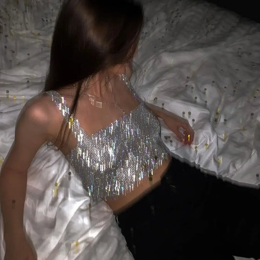 Camiseta sin mangas de malla metálica con diamantes de imitación para mujer, top corto con cadena hueca en la espalda, chaleco sexy para playa y fiesta en club.