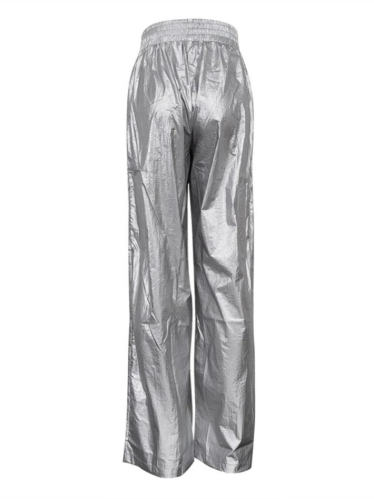 Pantalones de PU plateados para mujer, otoño invierno, cintura alta, informales, holgados, de pierna ancha, para fiesta, club, moda urbana, 2025