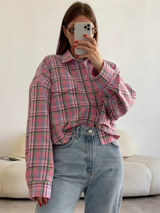 Blusa a cuadros para mujer, color rosa, retro, informal, holgada, de manga larga, para otoño, de algodón