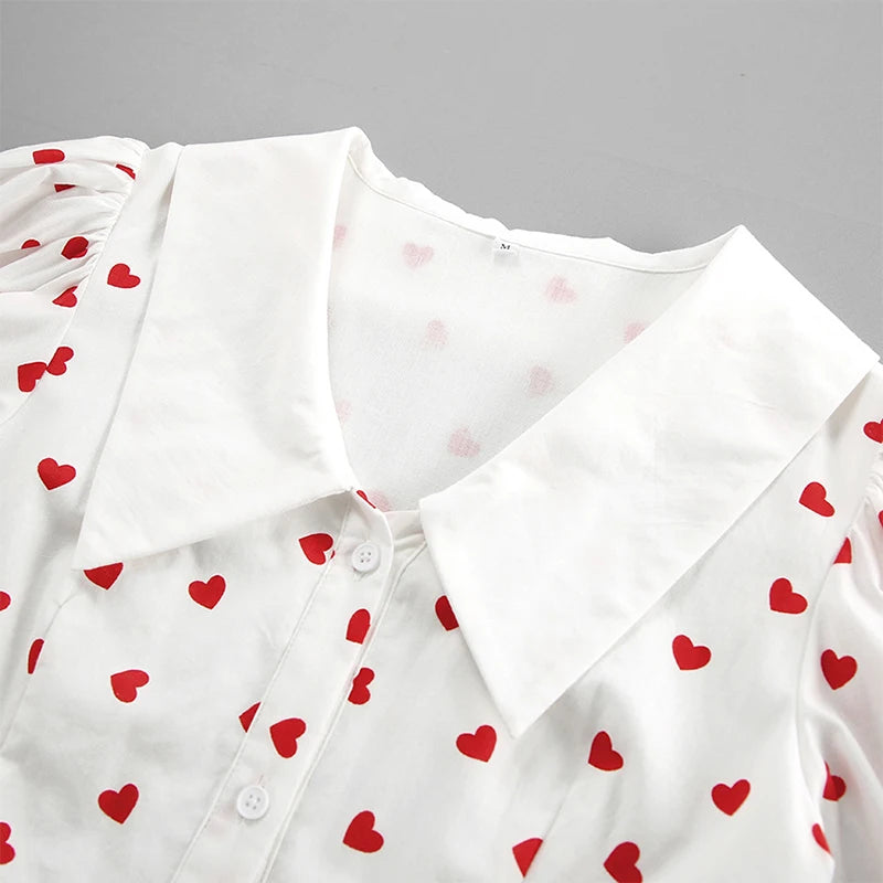 Printed Puff Sleeve Short Dress For Women Lapel Chic Single Breasted Fashion A-Line Patchwork Casual Female Party Dress