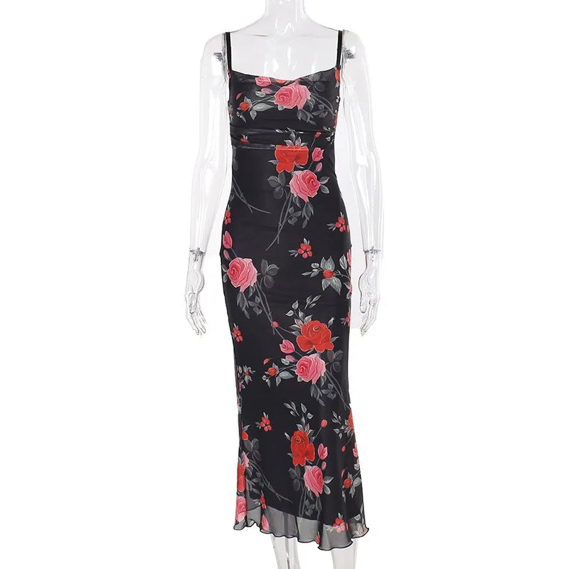 Vestido floral retro para mujer, elegante vestido largo ajustado de verano sin mangas y sin espalda, vestido maxi femenino para fiesta y temperamento.