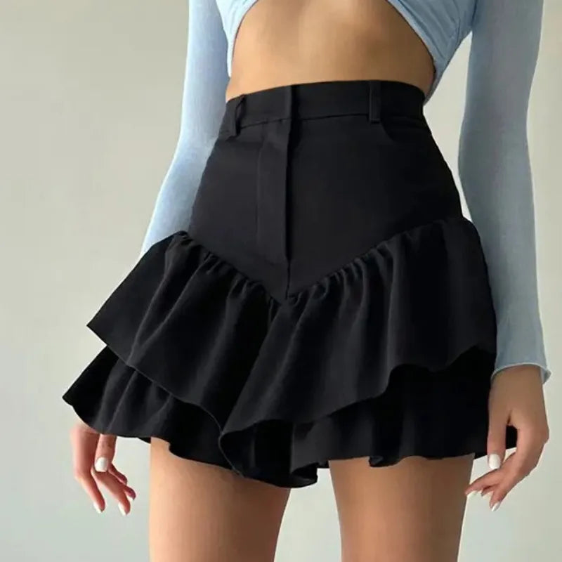 Faldas ajustadas con volantes para mujer 2025, falda negra de cintura alta con temperamento para mujer, falda elegante informal de calle con pliegues y empalmes para mujer