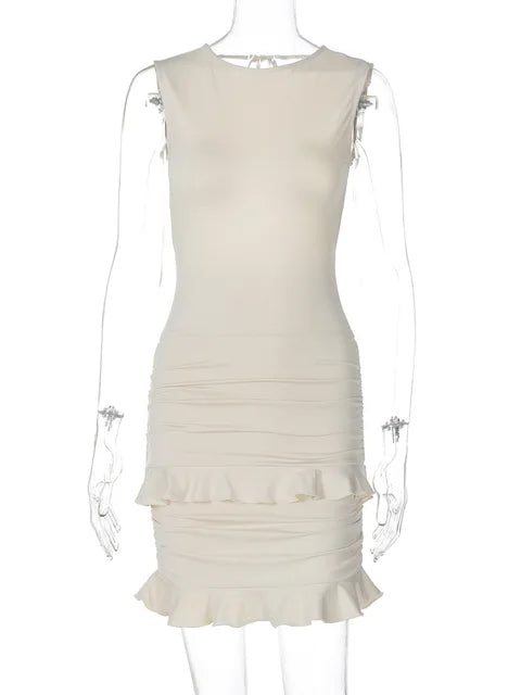 Sexy Backless Lace Mini Dress Women’s Ruched Patchwork Sleeveless Elegant Hip Wrap Slim Solid Party Evening Dress Female