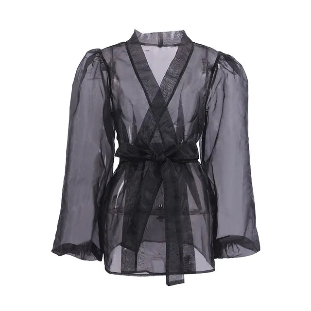 Vestido playero de malla transparente para mujer, playero holgado de manga larga con cuello en V y encaje, playero sexy de verano 2025.