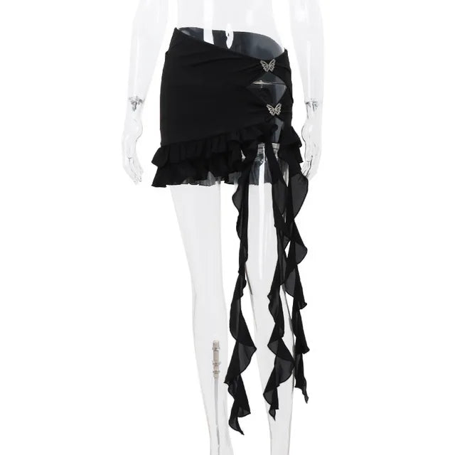 Side Hollow Out Skirt Suits Women Butterfly Mesh Mini Skirts And See Through Bodycon Bodysuit 2 Piece Sets For Ladies