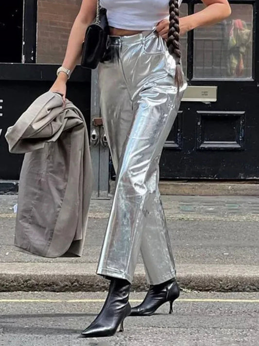 Pantalones de PU plateados para mujer, moda 2025, cintura alta, sueltos, pierna ancha, ropa de fiesta para chicas, ropa de calle, pantalones largos para mujer, otoño