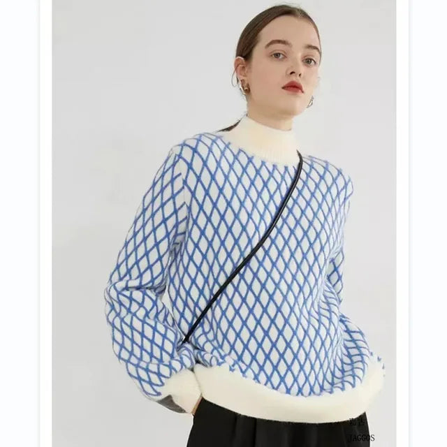 Suéter de punto a rayas para mujer, moderno, ajustado, holgado, de cuello alto, para otoño, deportivo, informal, 2025