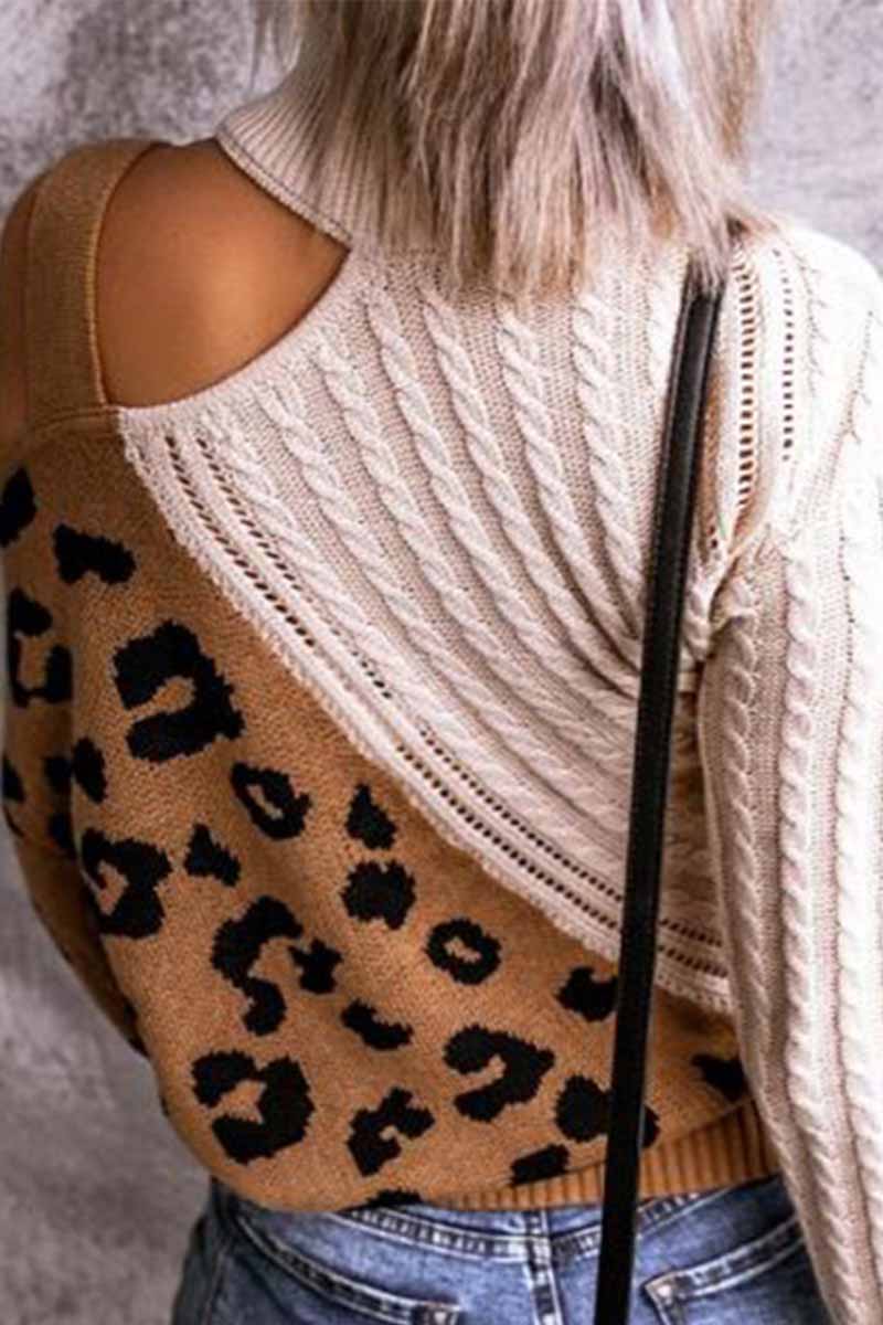 Suéter frío de cuello alto con estampado de leopardo y patchwork