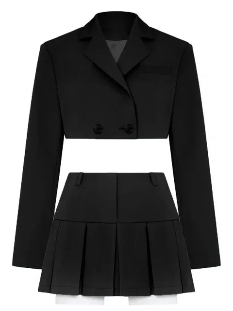 Casual Two Piece Sets Women’s Outfits 2025 New Black Matching Sets With Skirt And Blazer Cropped Top Skirt Sets For Women