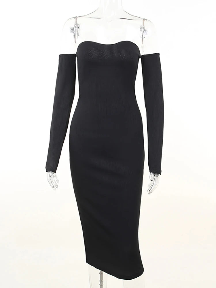 Off Shoulder Knitted Dress Autumn Women Long Sleeve Strapless Bodycon Maxi Dresses Elegant Evening Party Vestidos Female